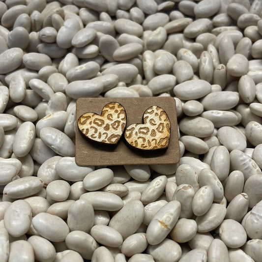 Wooden Leopard Print Heart Studs